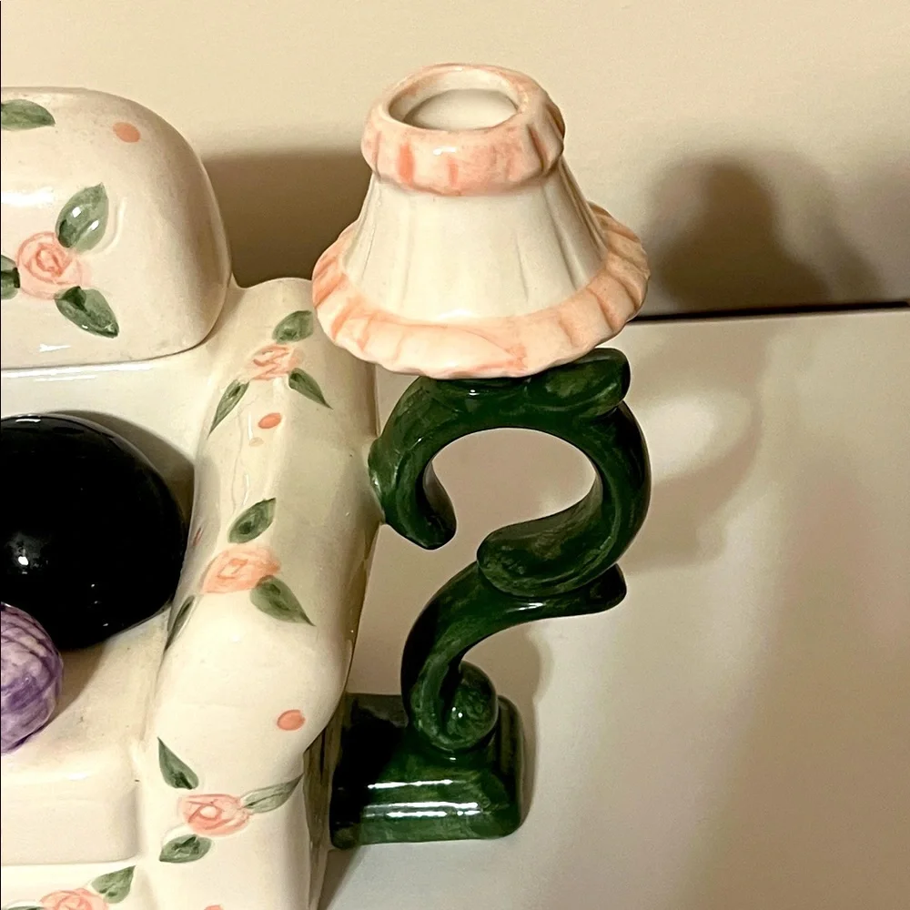 Vintage World Bazaar Teapot Tuxedo Floral Cat Sleeping on Armchair. Like New